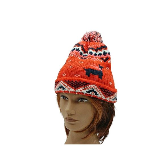 Old Navy Fair Isle Knit Beanie Hat Red with Lama Design Pom Pom Size S-M Acrylic - Picture 2 of 11
